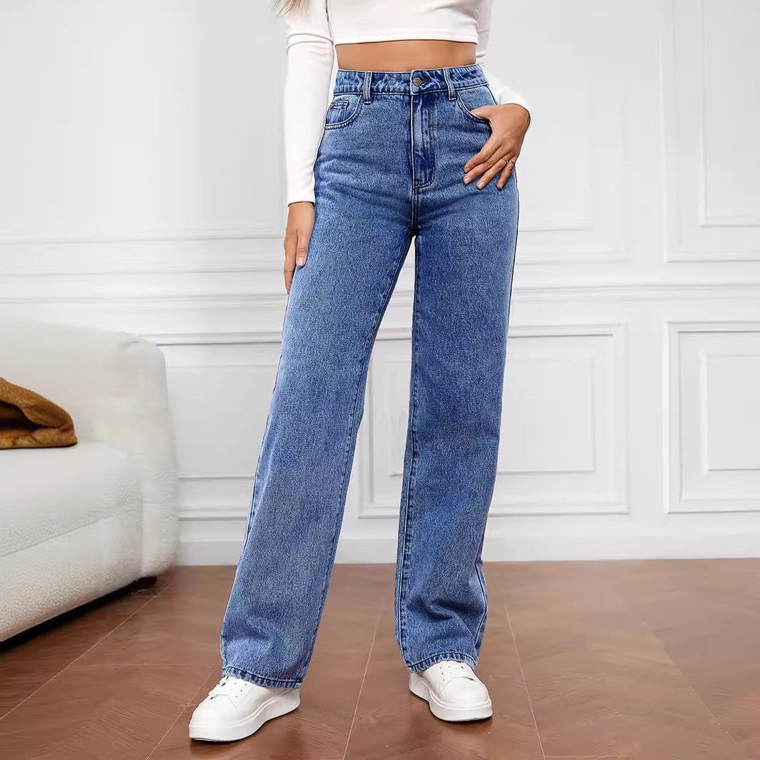 Washed Fashion Straight Jeans Women's Mid Waist
