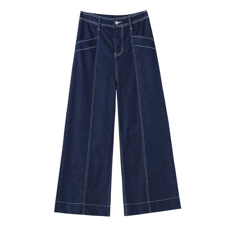 Stitching Double-line Wide-leg Denim Ankle-length Pants Women