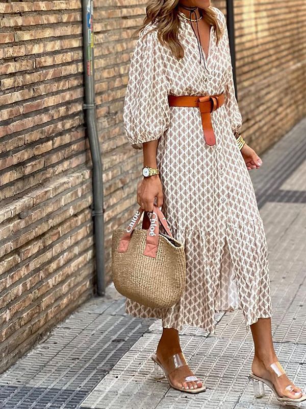 Women's Fashion Temperament Printed V-neck Puff Sleeve Dress