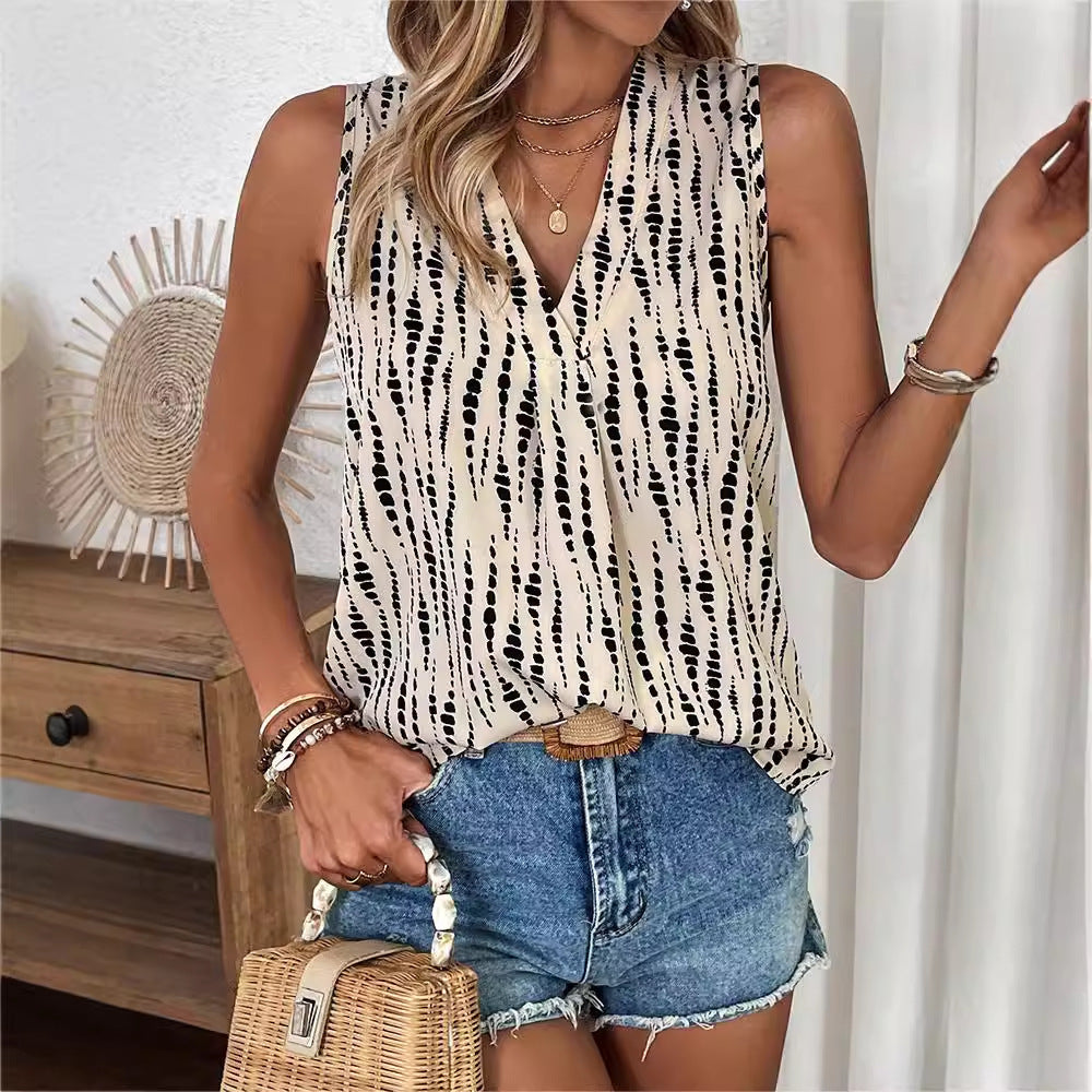 Sleeveless V-neck Printed Blouse Women's Tops
