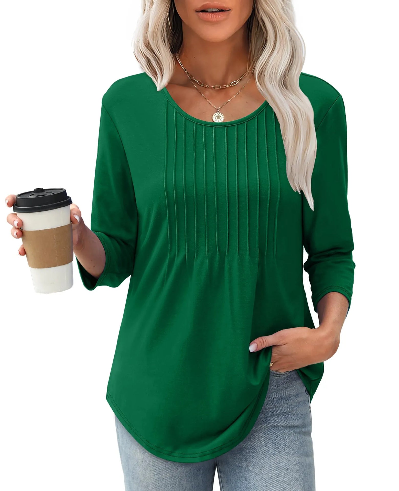 Women's Long Sleeve Top Fashion Casual Pleated Low Round Neck
