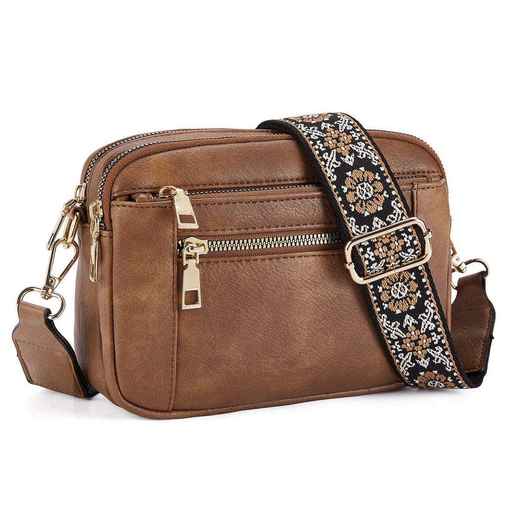 Triple-zipper Shoulder Bag With Floral Embroidered Straps Fashion Colorblock Multi-functional Crossbody Bags For Women