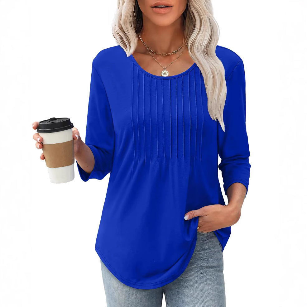 Women's Long Sleeve Top Fashion Casual Pleated Low Round Neck