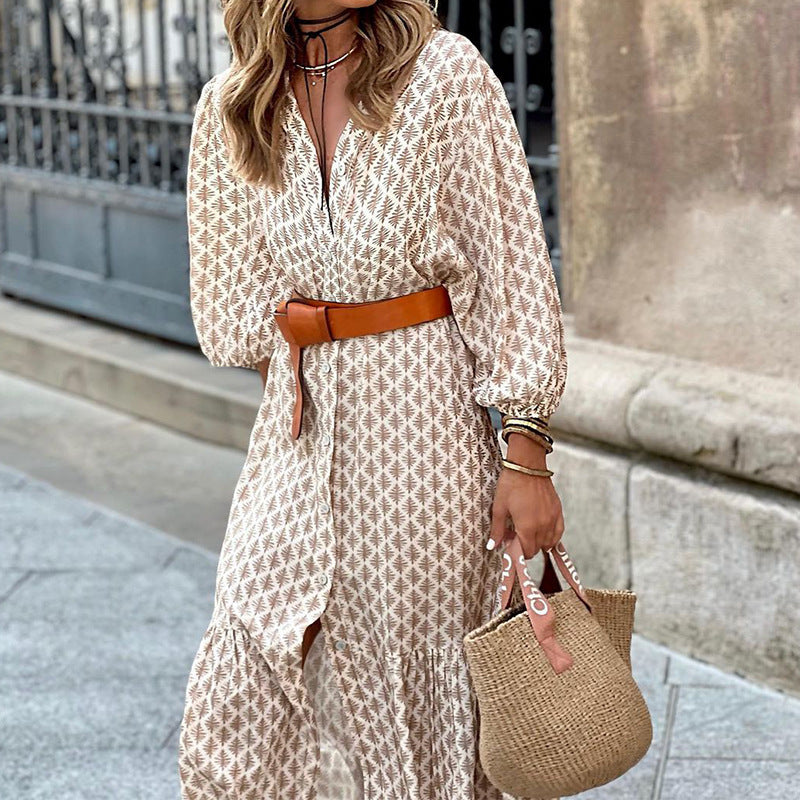 Women's Fashion Temperament Printed V-neck Puff Sleeve Dress