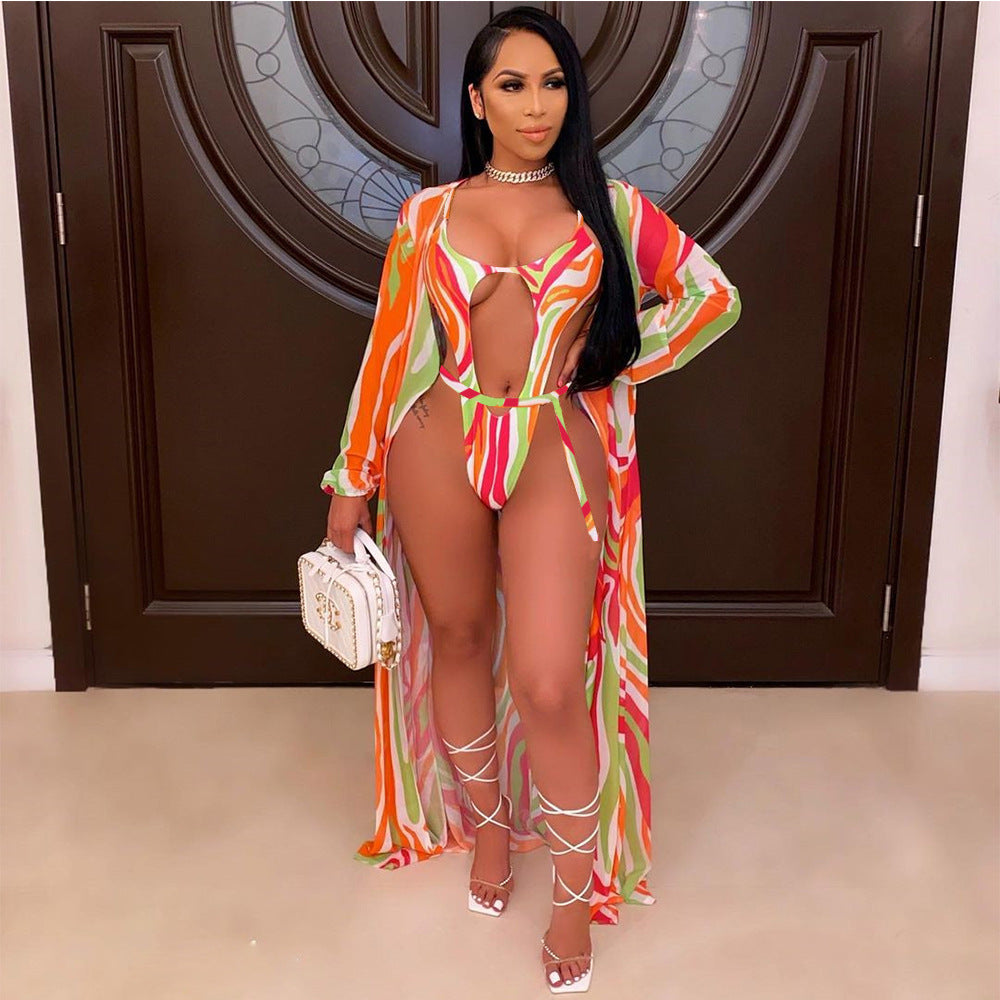 Fashion Ladies Print Cape Swimsuit 2pcs