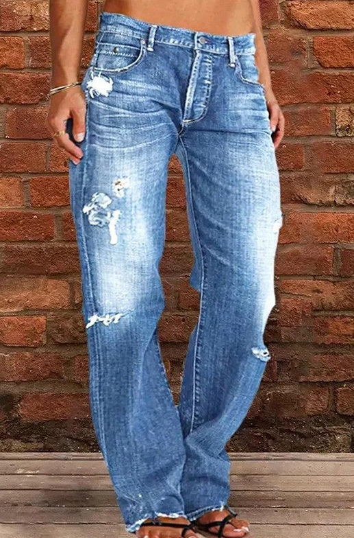 Women Men Denim Pants Casual Ripped Loose Straight Leg Jeans Trousers