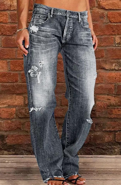 Women Men Denim Pants Casual Ripped Loose Straight Leg Jeans Trousers