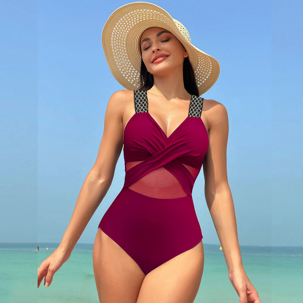 One-piece Swimsuit Women's Pure Color Mesh Bikini Swimsuit
