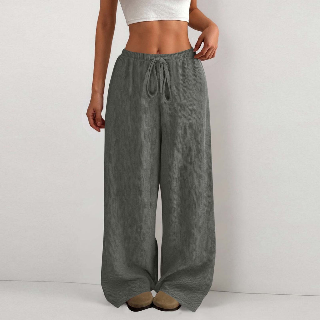 Women's Solid Color Loose Wrinkle Waist Drawstring Wide Leg Casual Trousers