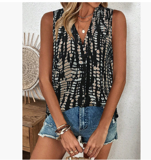Sleeveless V-neck Printed Blouse Women's Tops