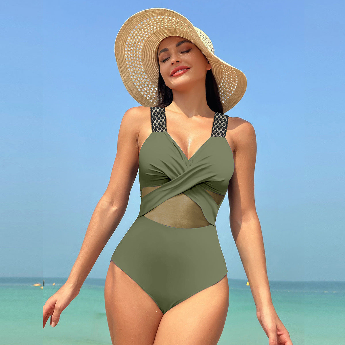 One-piece Swimsuit Women's Pure Color Mesh Bikini Swimsuit