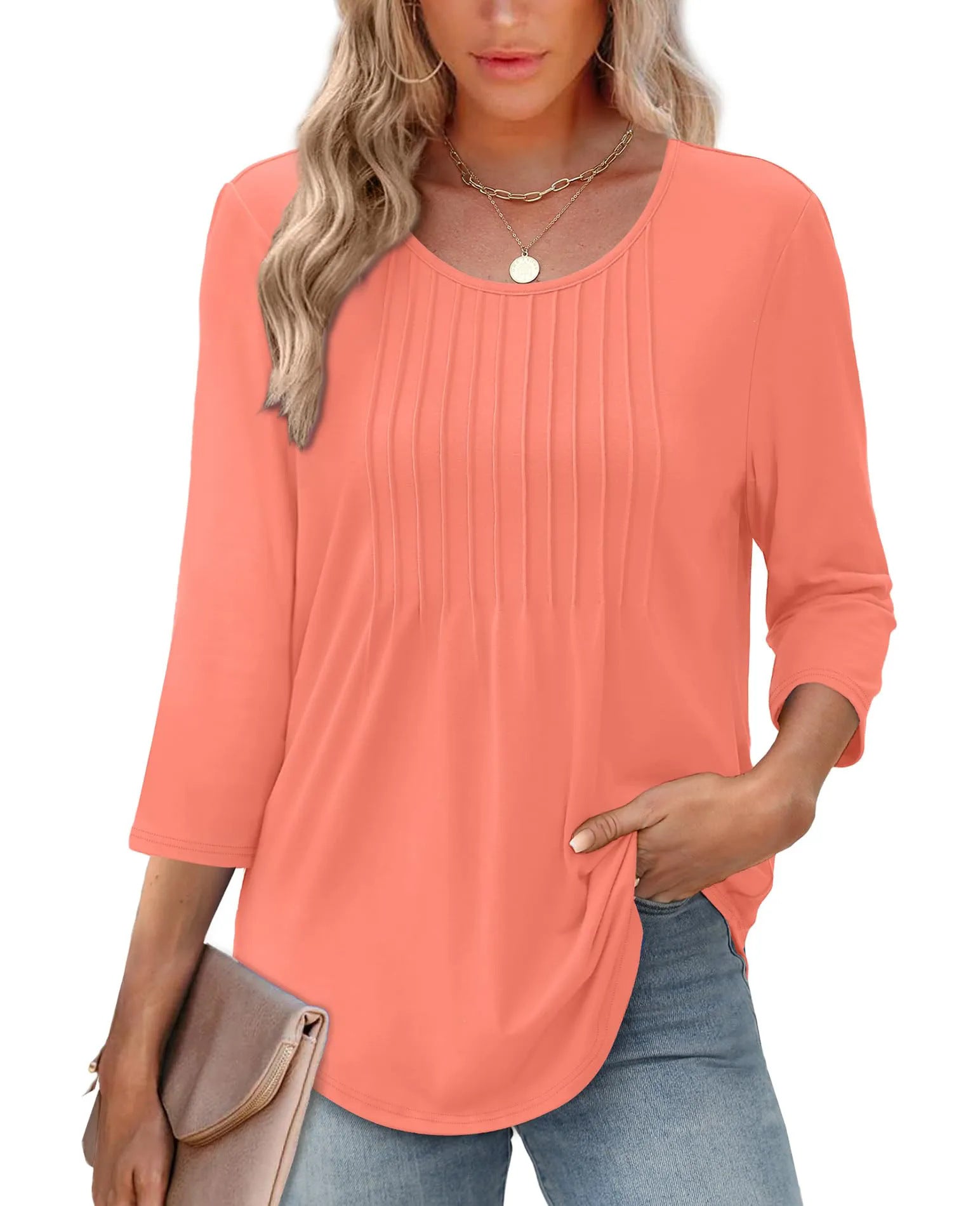 Women's Long Sleeve Top Fashion Casual Pleated Low Round Neck