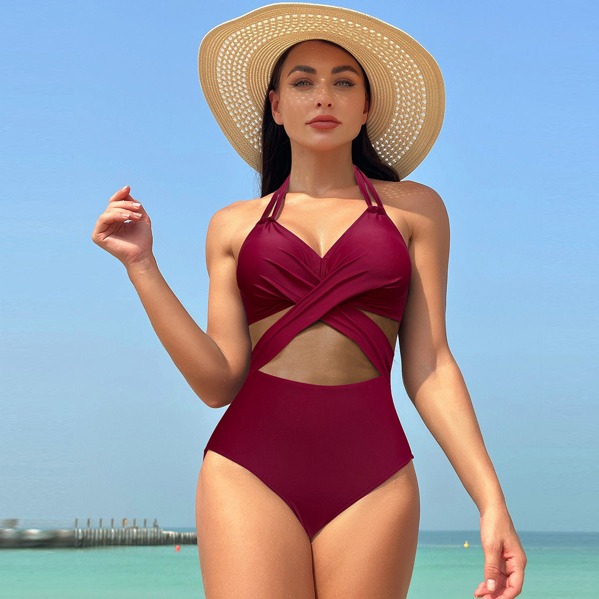 One-piece Swimsuit Women's Pure Color Mesh Bikini Swimsuit