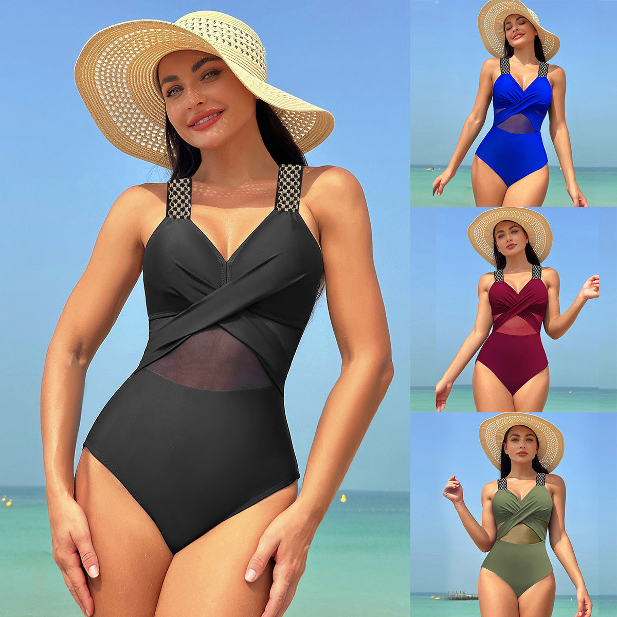One-piece Swimsuit Women's Pure Color Mesh Bikini Swimsuit
