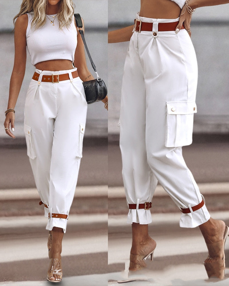 Women's Contrast Color Belt Trousers