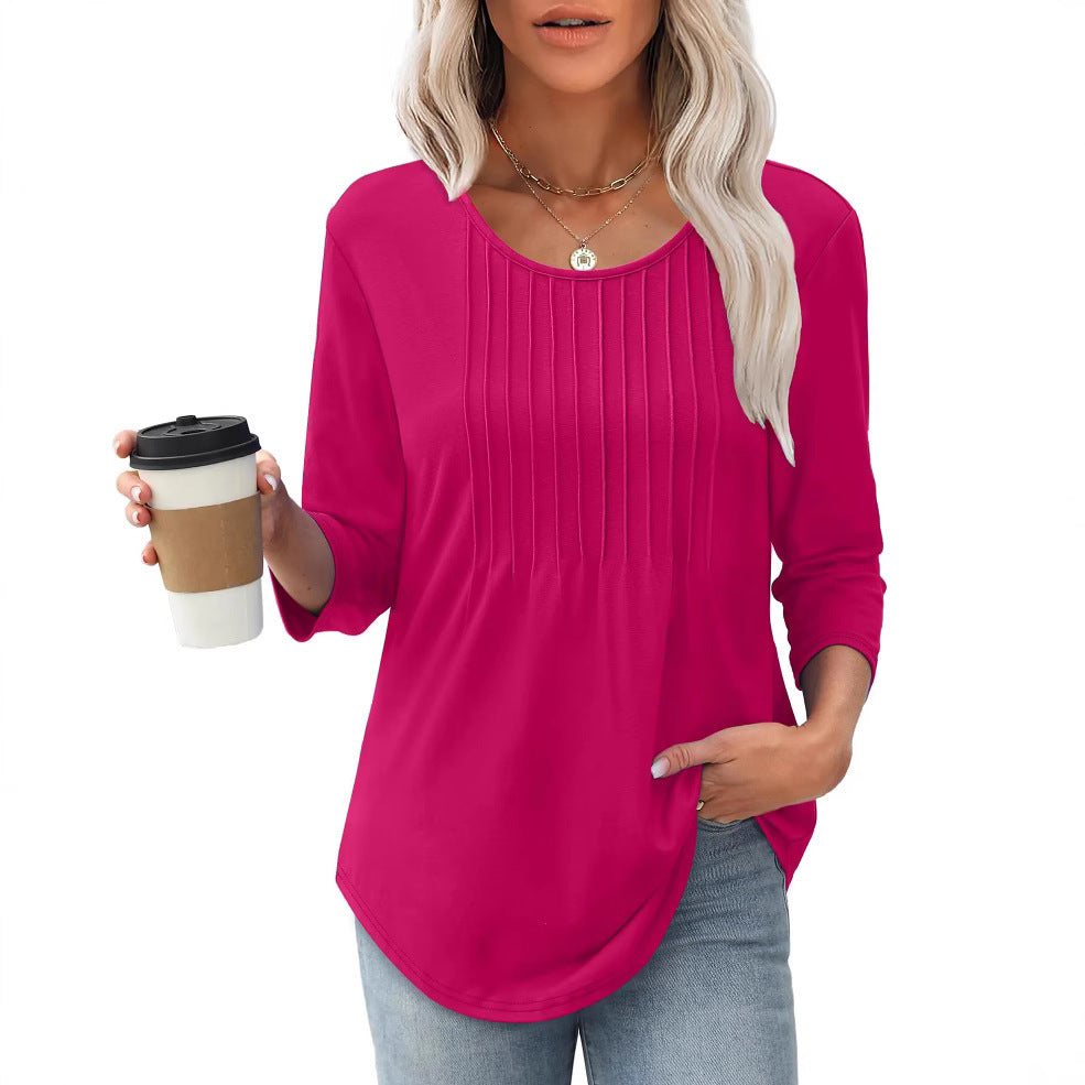 Women's Long Sleeve Top Fashion Casual Pleated Low Round Neck