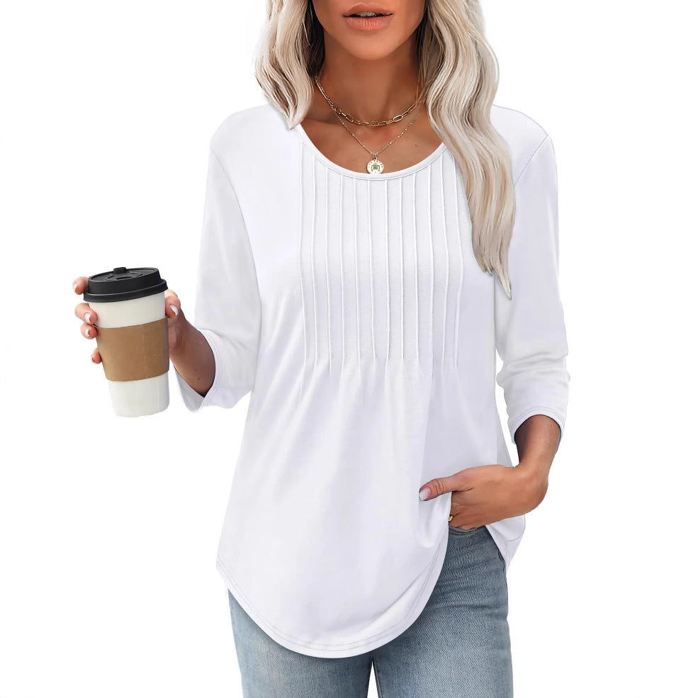 Women's Long Sleeve Top Fashion Casual Pleated Low Round Neck