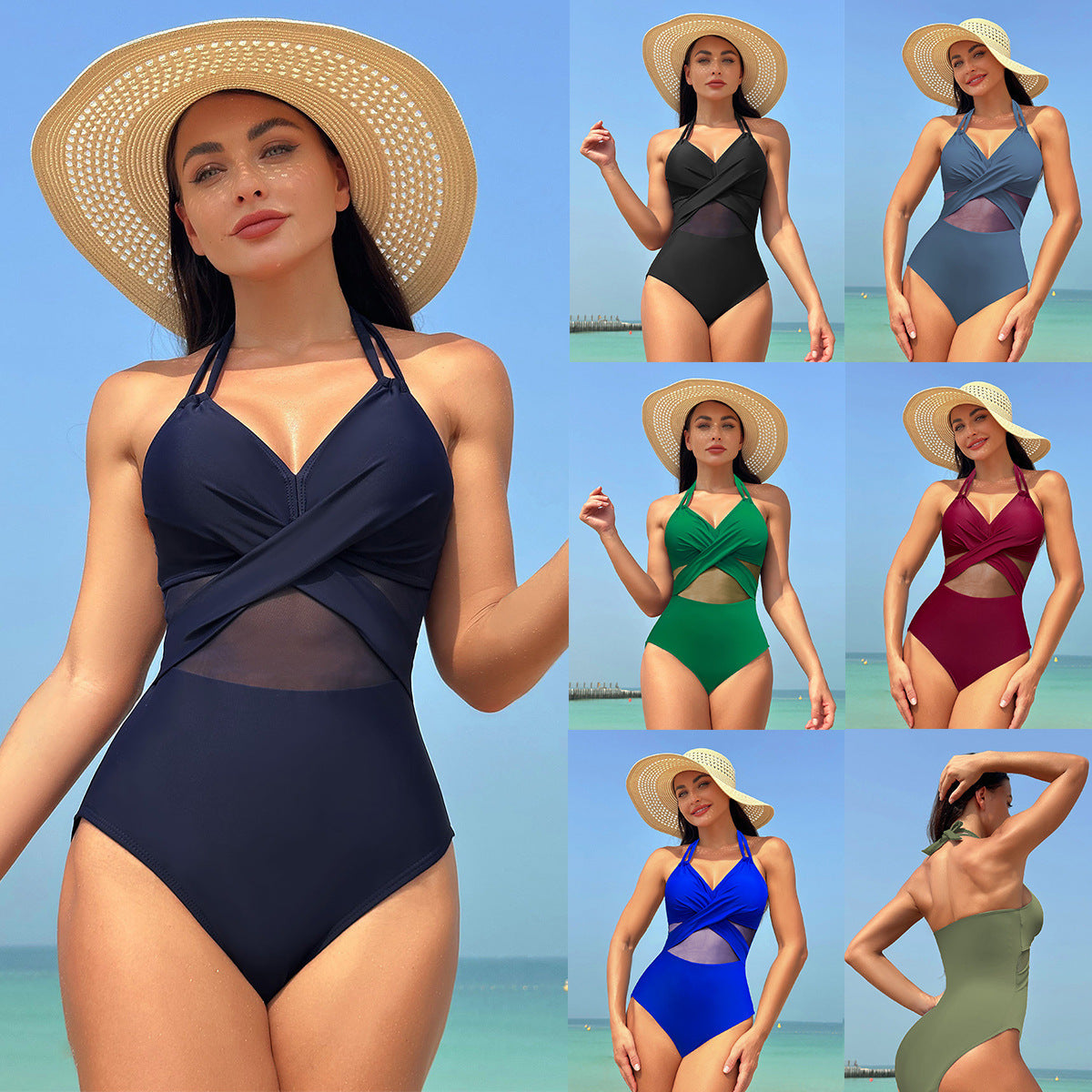 One-piece Swimsuit Women's Pure Color Mesh Bikini Swimsuit