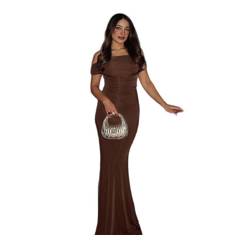 Off-shoulder Pleated Slim Fit Sexy Backless Dress Women