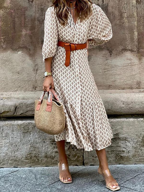 Women's Fashion Temperament Printed V-neck Puff Sleeve Dress