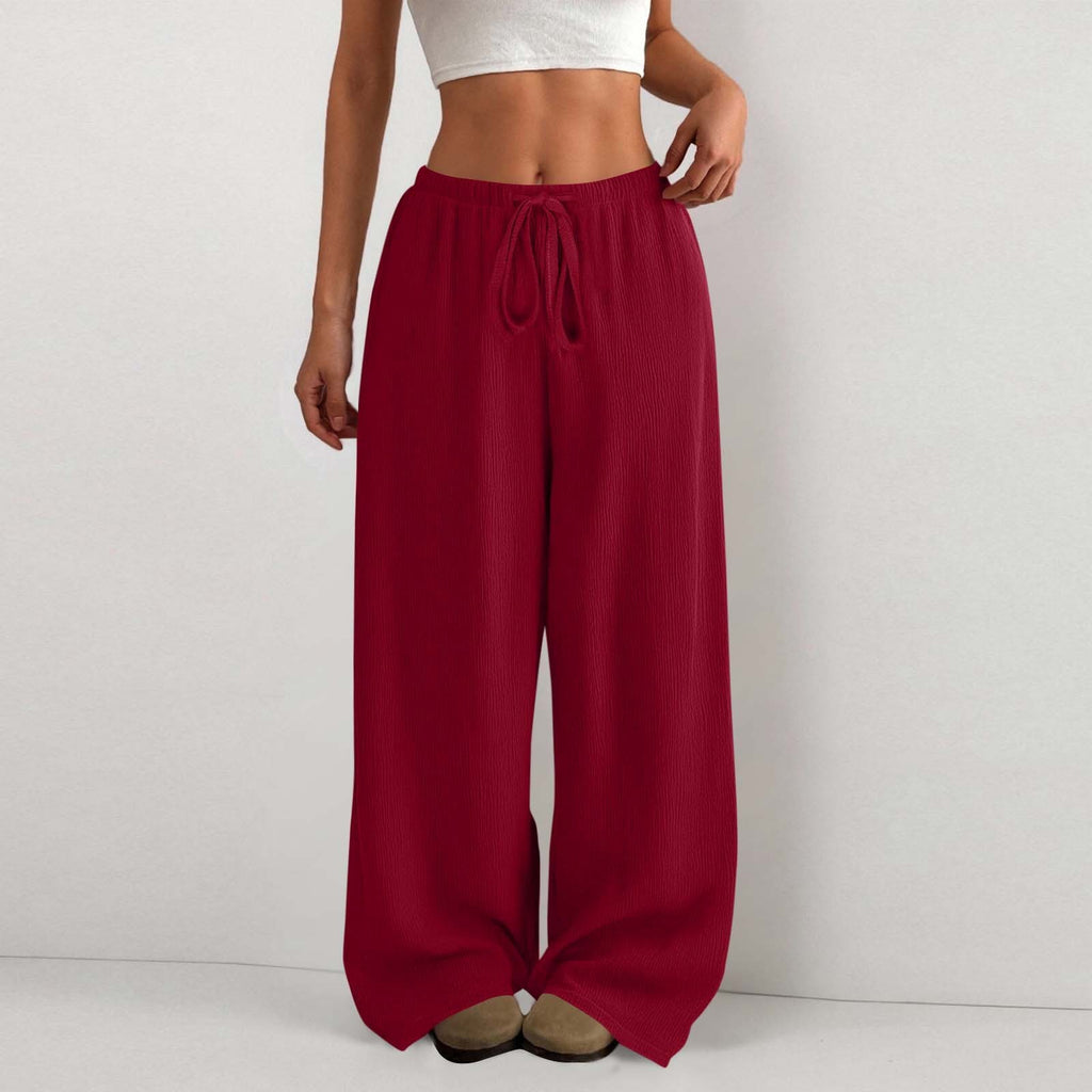 Women's Solid Color Loose Wrinkle Waist Drawstring Wide Leg Casual Trousers