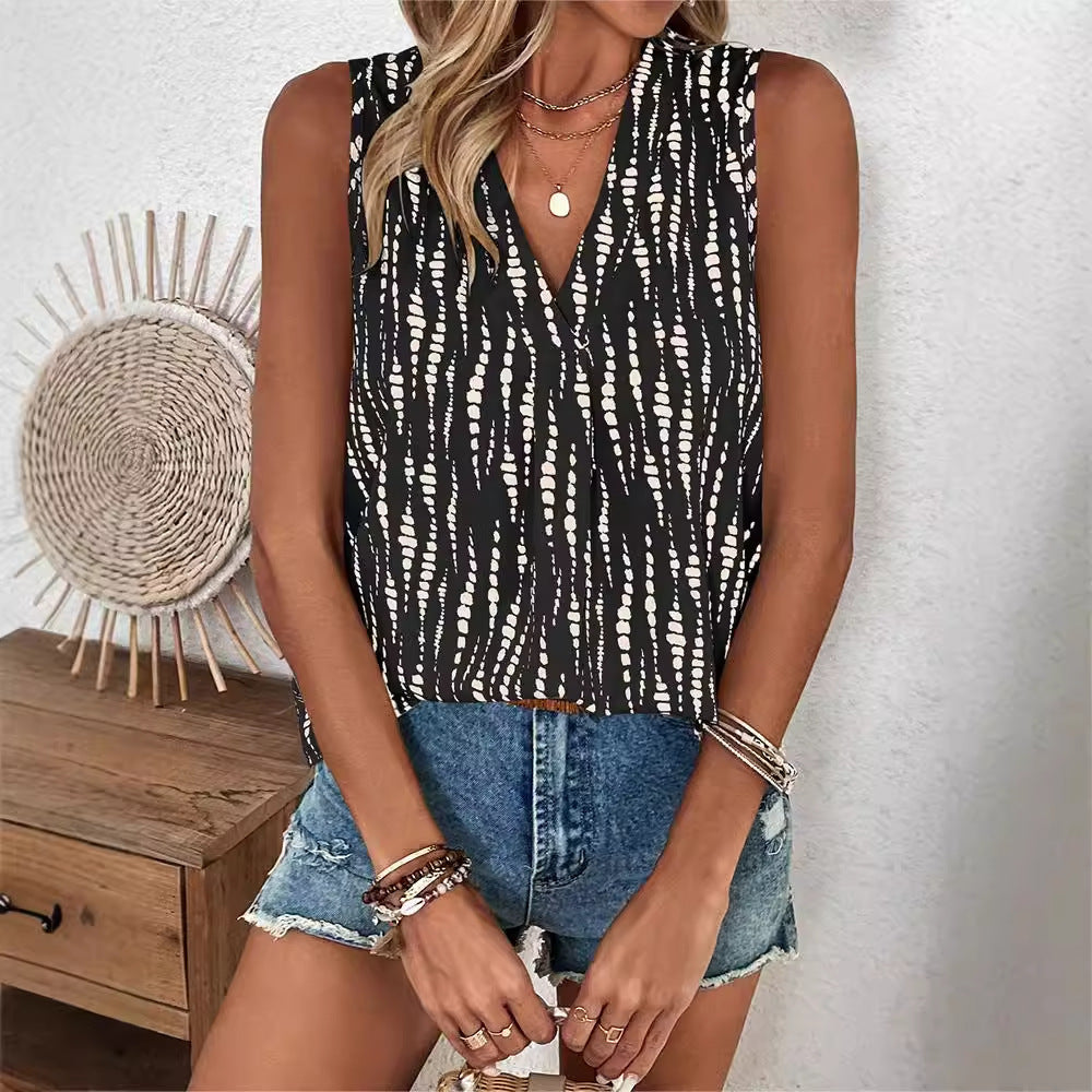 Sleeveless V-neck Printed Blouse Women's Tops
