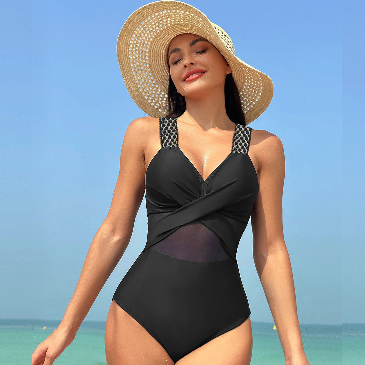 One-piece Swimsuit Women's Pure Color Mesh Bikini Swimsuit
