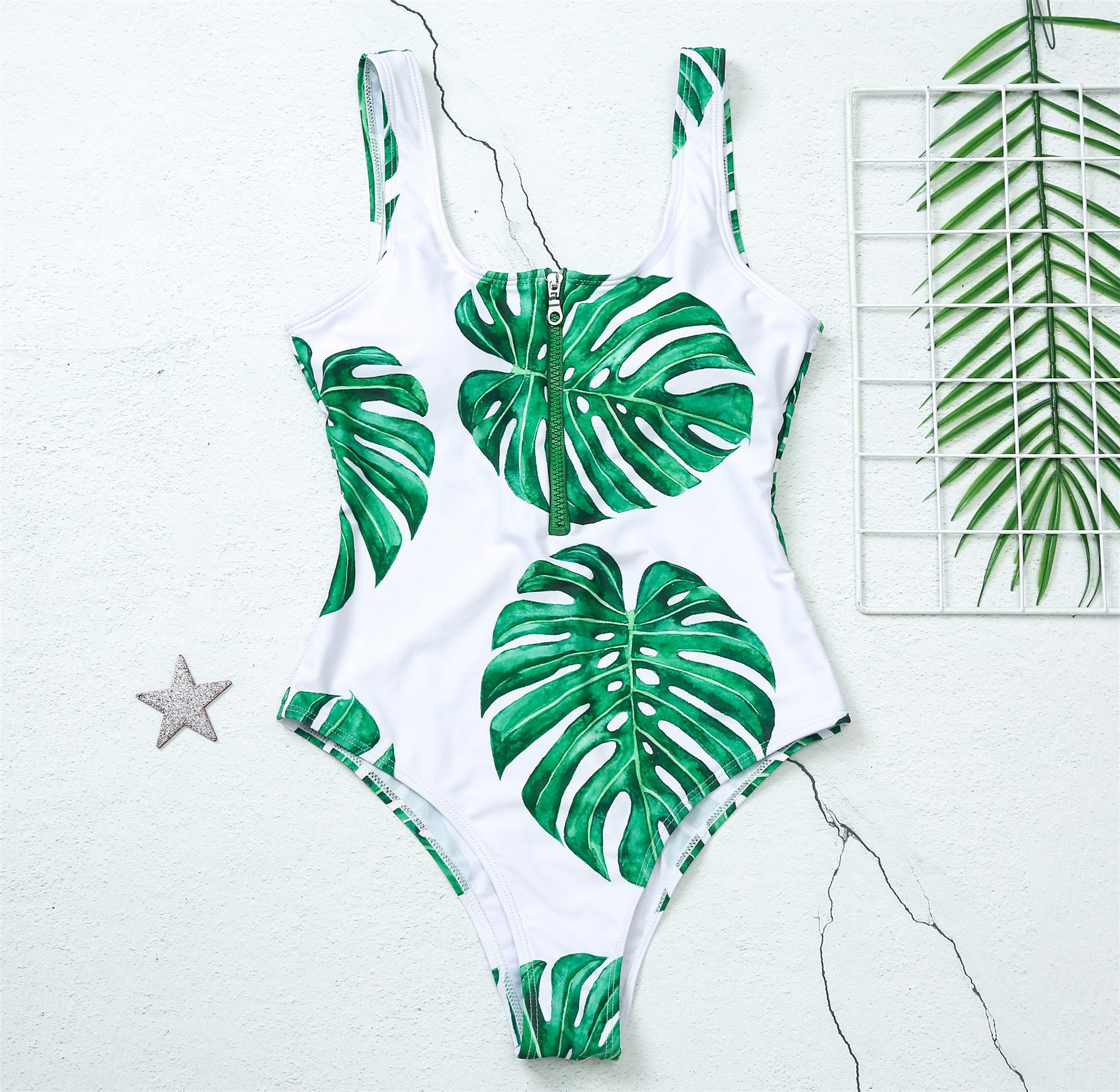 Female Leaf Print One-piece Zip Swimsuit