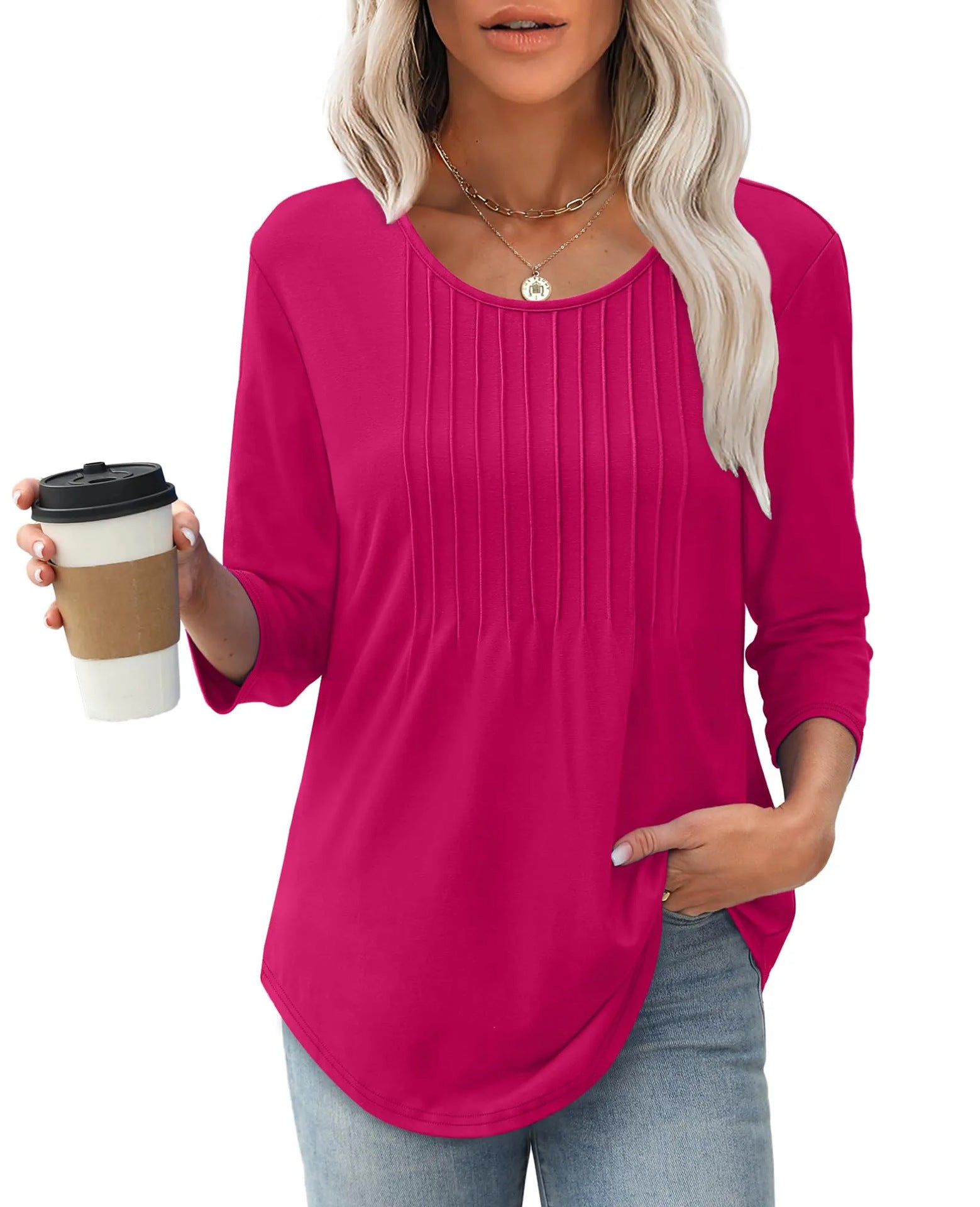 Women's Long Sleeve Top Fashion Casual Pleated Low Round Neck