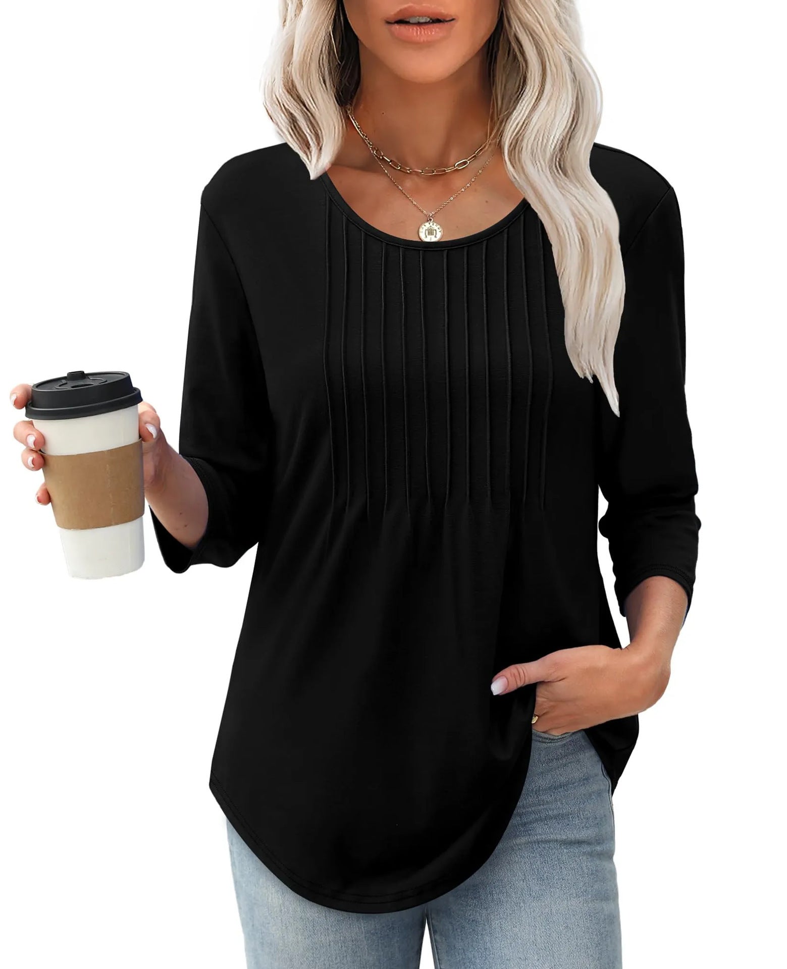 Women's Long Sleeve Top Fashion Casual Pleated Low Round Neck