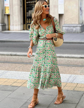 Women's Fashion Temperament Printed V-neck Puff Sleeve Dress