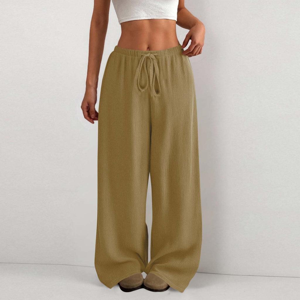 Women's Solid Color Loose Wrinkle Waist Drawstring Wide Leg Casual Trousers