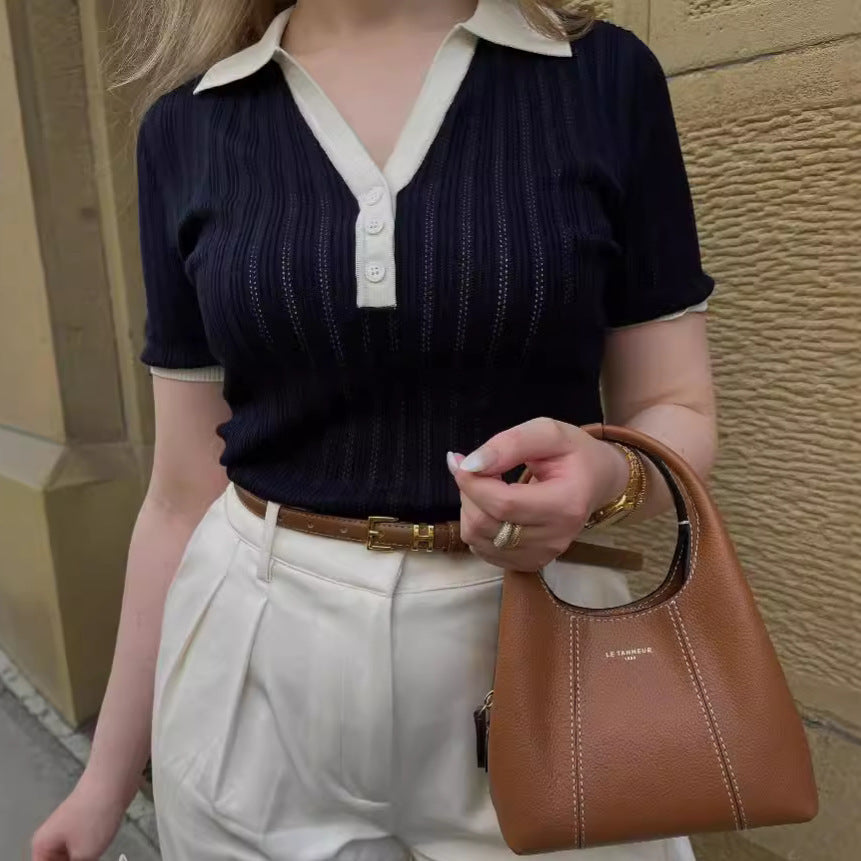 Women's Fashion Polo Collar V-neck Slimming Color Contrast Patchwork Knitted Top