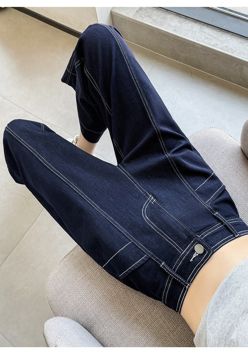Stitching Double-line Wide-leg Denim Ankle-length Pants Women