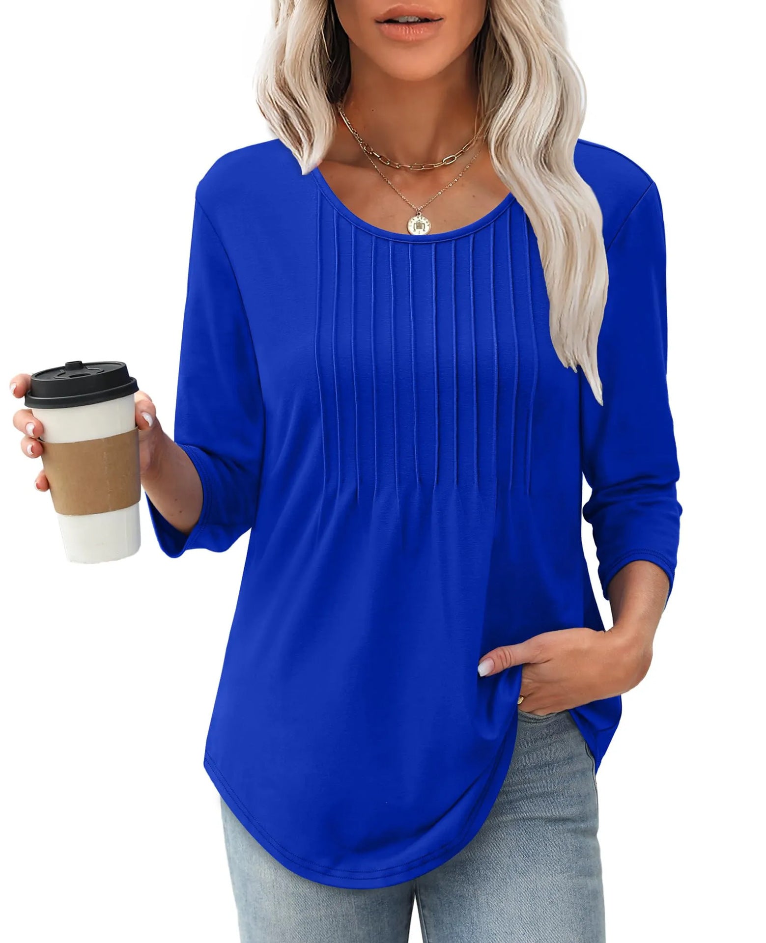 Women's Long Sleeve Top Fashion Casual Pleated Low Round Neck