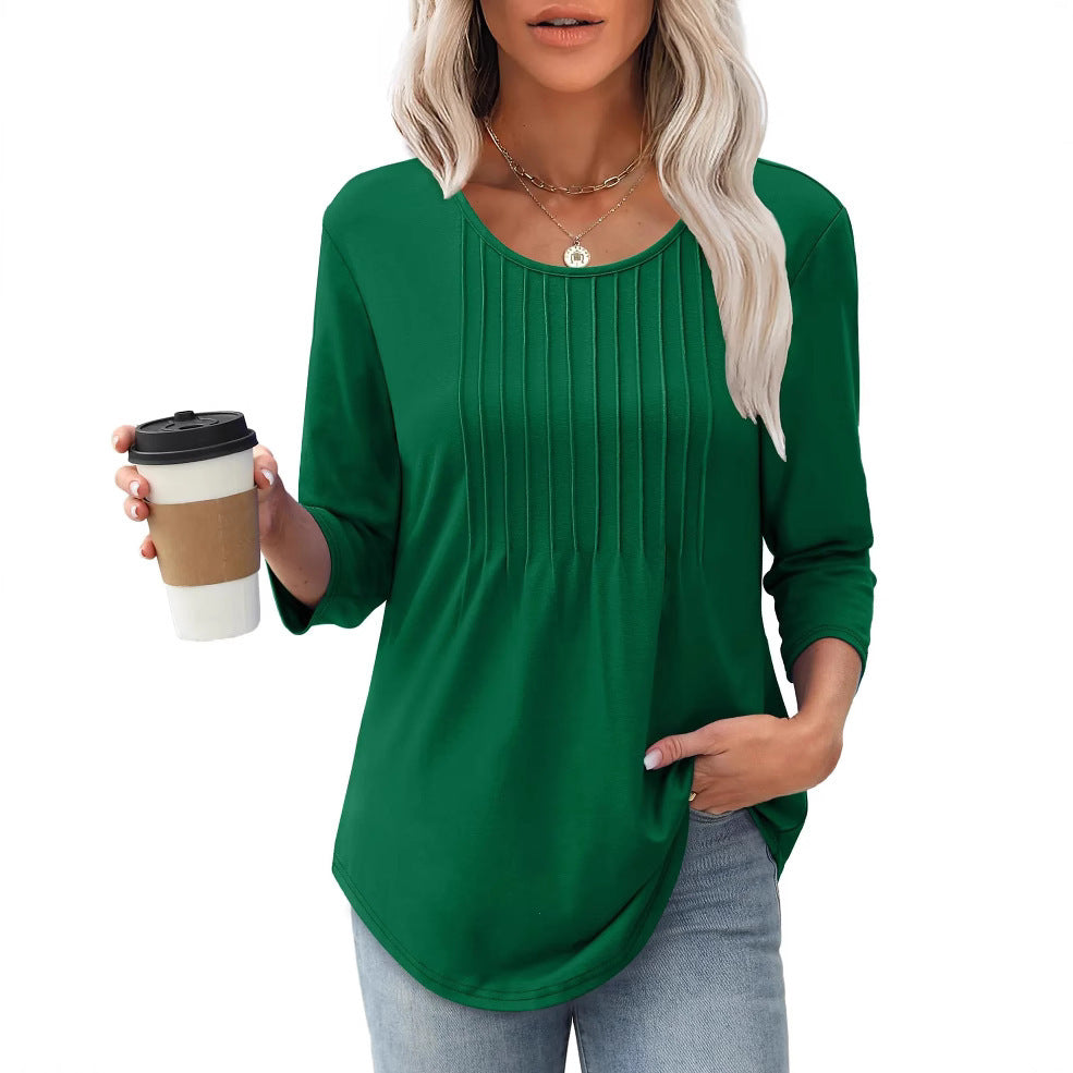 Women's Long Sleeve Top Fashion Casual Pleated Low Round Neck