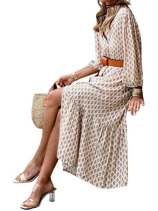 Women's Fashion Temperament Printed V-neck Puff Sleeve Dress