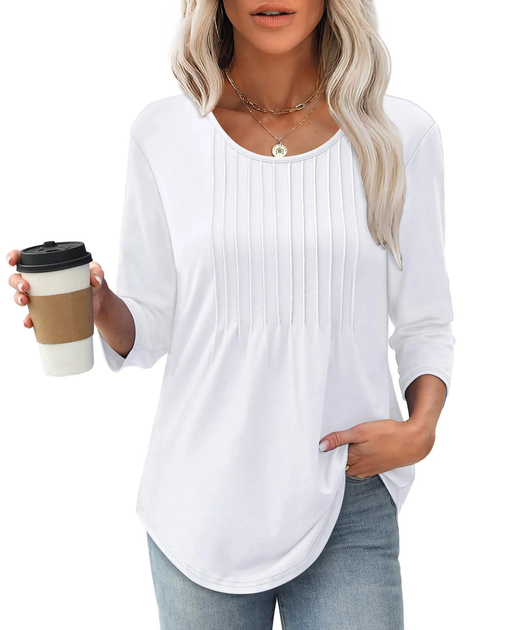 Women's Long Sleeve Top Fashion Casual Pleated Low Round Neck