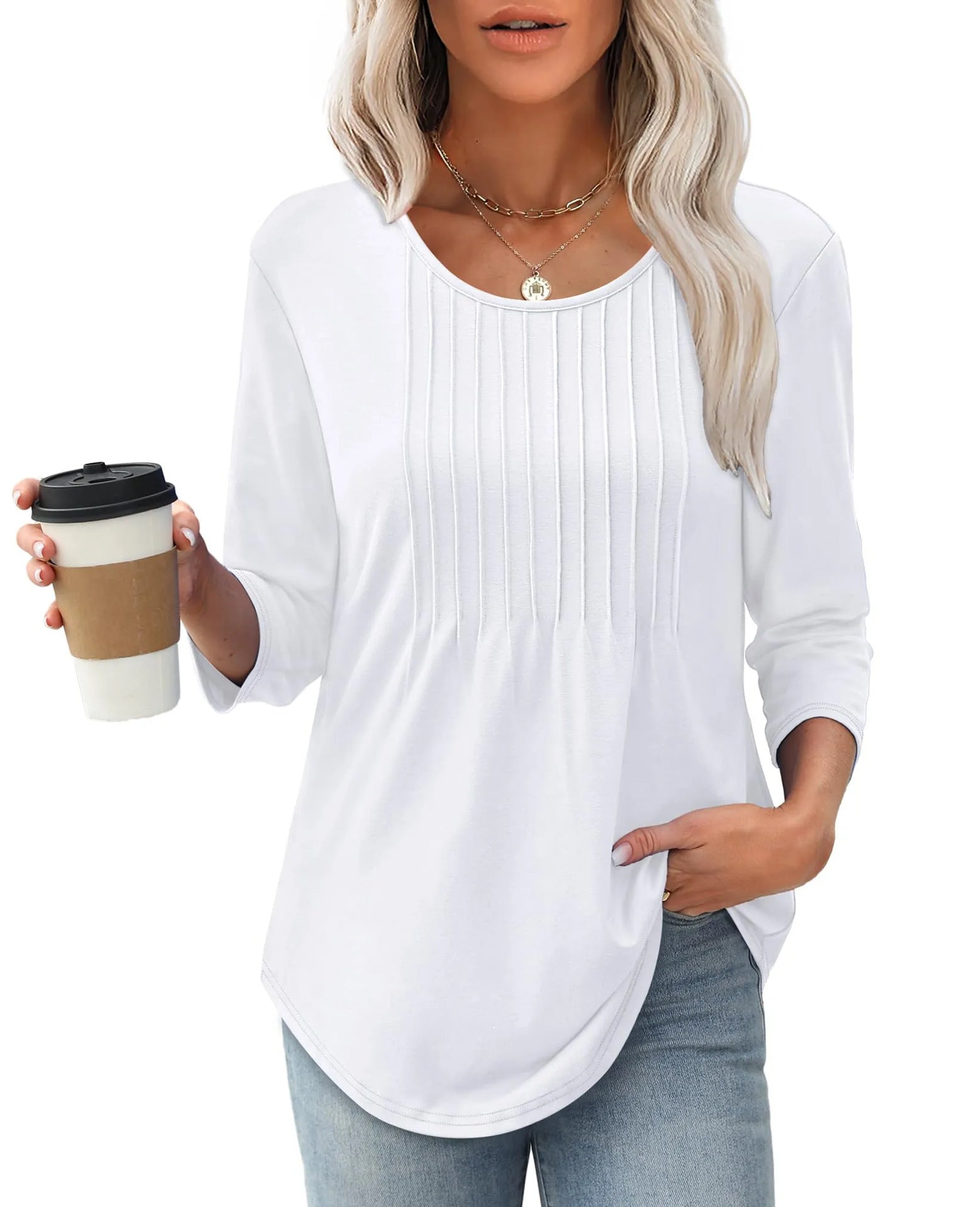 Women's Long Sleeve Top Fashion Casual Pleated Low Round Neck