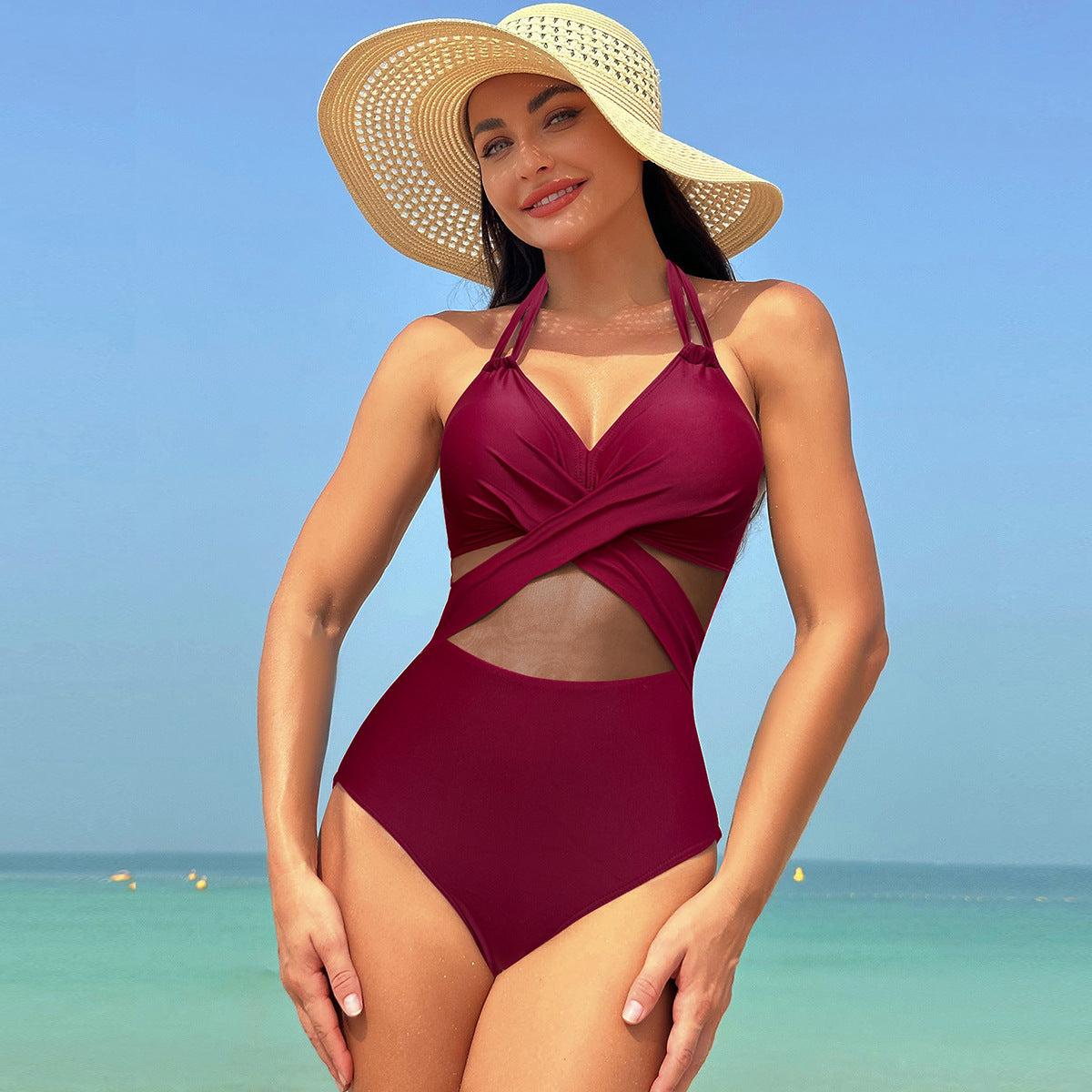 One-piece Swimsuit Women's Pure Color Mesh Bikini Swimsuit