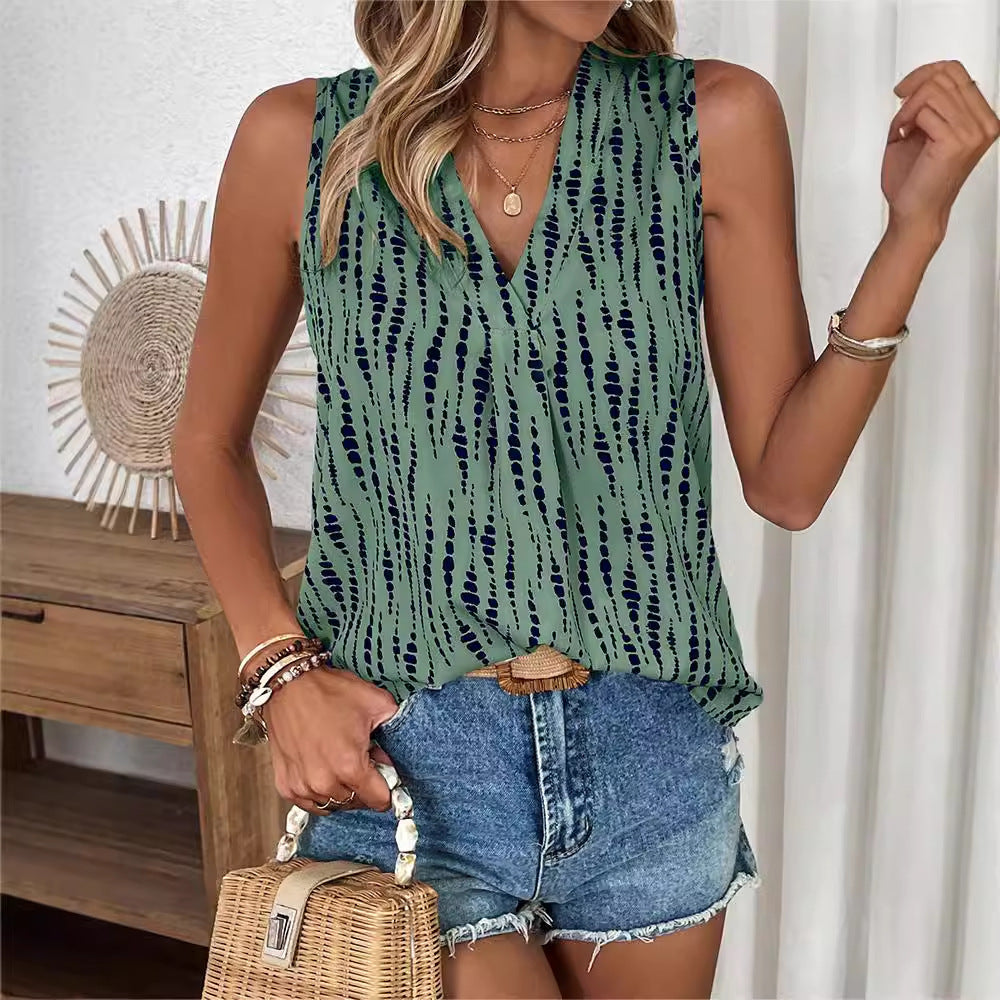 Sleeveless V-neck Printed Blouse Women's Tops