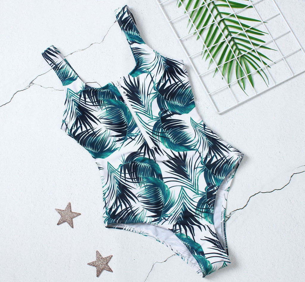 Female Leaf Print One-piece Zip Swimsuit