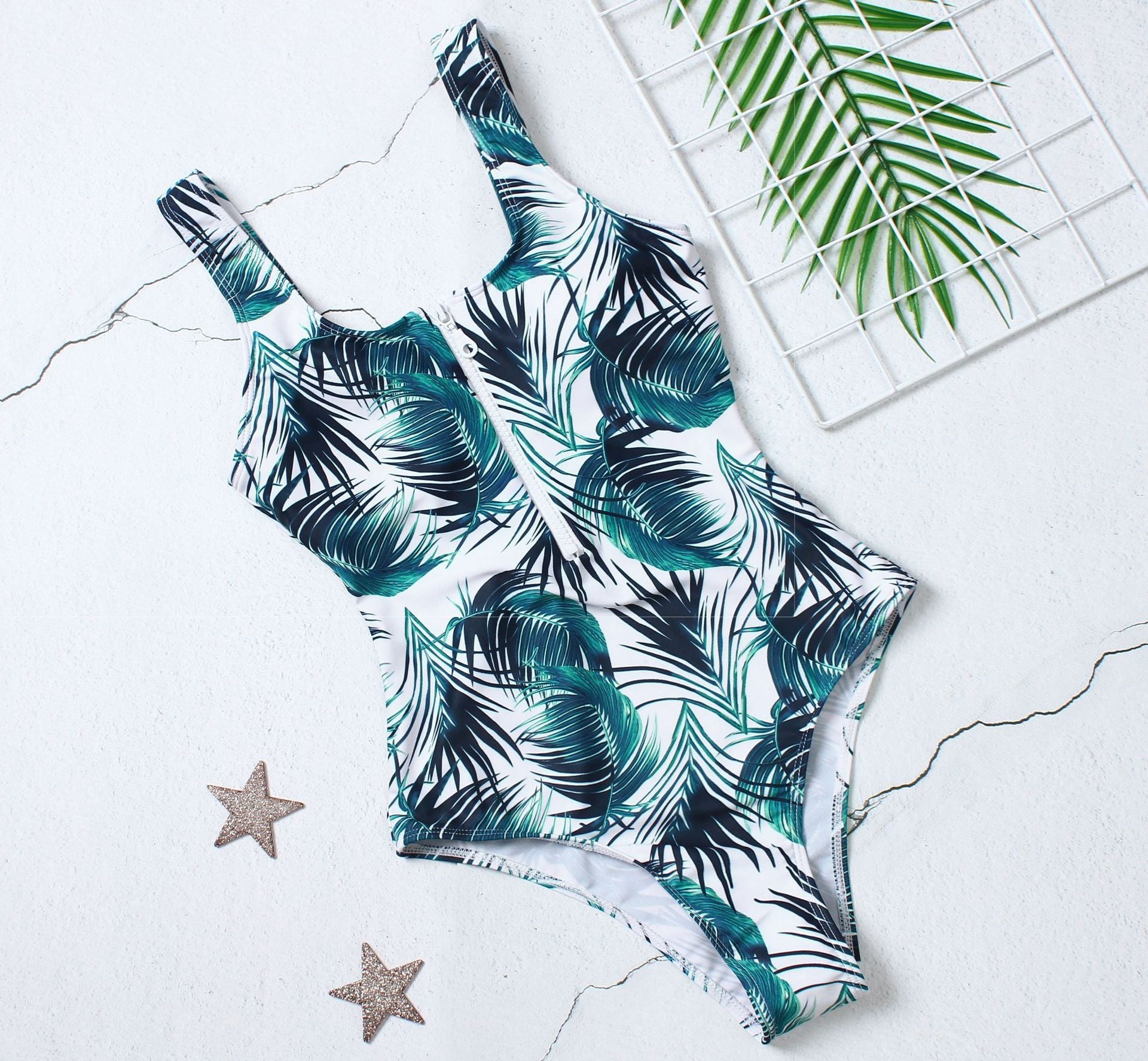 Female Leaf Print One-piece Zip Swimsuit